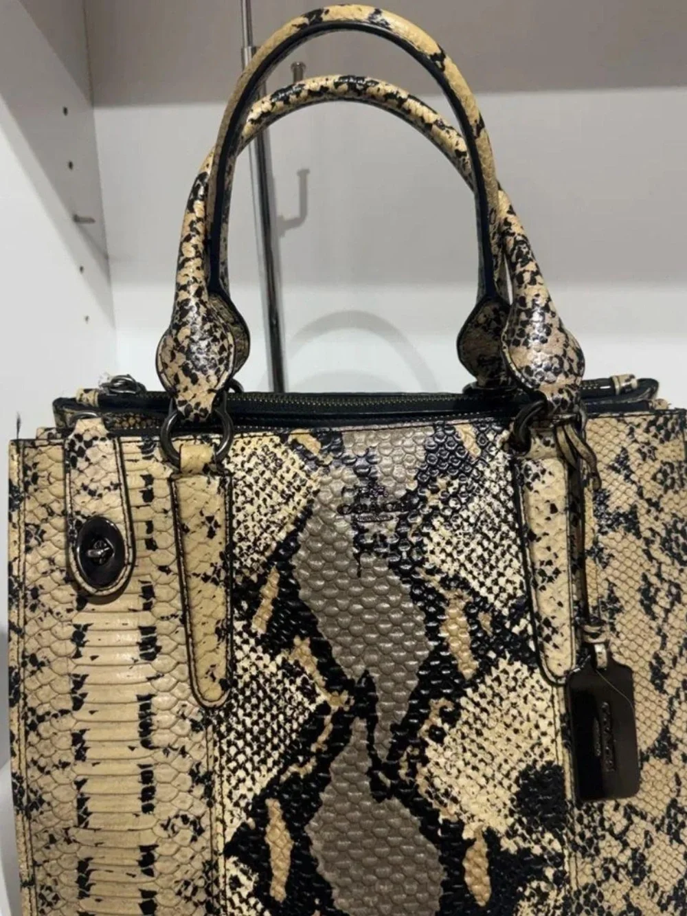 Coach Snake-Print Satchel in Black, Cream & Taupe